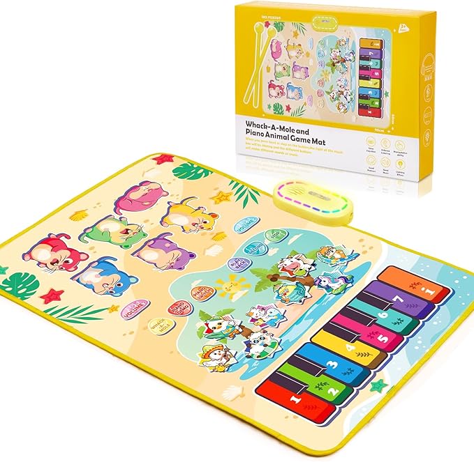 3-in-1 Musical Mat Toys for Toddlers, Led Light Up Mole Bashing & Piano Keyboard & Animal Sounds with 2 Drum Sticks,Early Educational Musical Learning Toys, Birthday Gifts for 3+ Boys & Girls