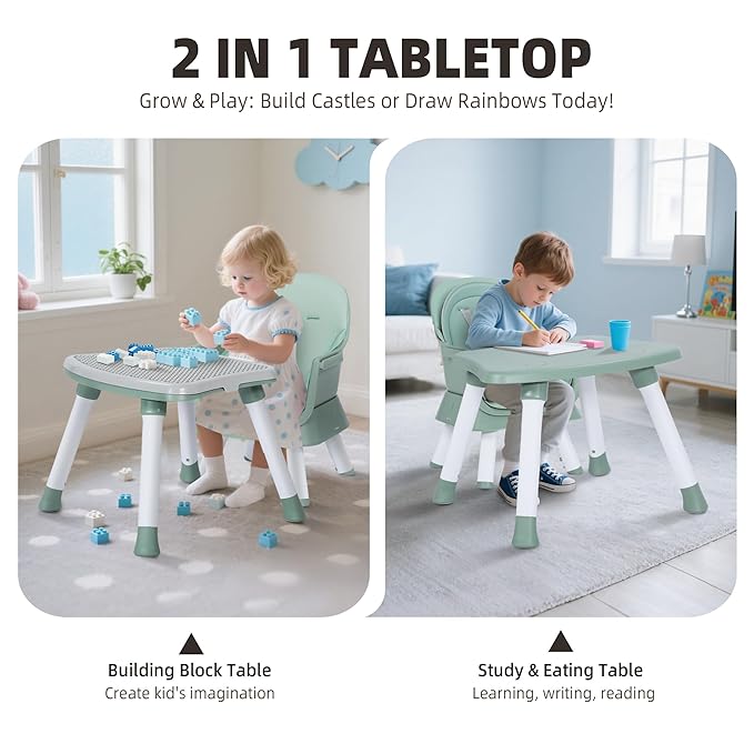 8 in 1 Baby Highchair, Convertible High Chair for Babies and Toddlers, Booster Seat w/5-Point Safety Belt, Toddler Building Block Table, Dishwasher Safe Tray, No Tool Install, Green