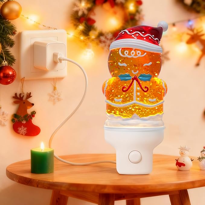 Christmas Night Light Plug into Wall Swirling Glitter USB Portable Christmas Decorative Night Light Decoration for Kids Adults Bedroom Kitchen Living Room Holiday Decor (Gingerbread)