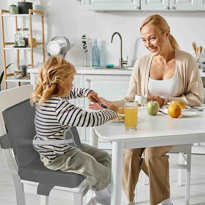 Toddler Booster Seat for Dining Table with Adjustable Straps, Kids Booster Seat for Kitchen Chair with Non-Slip Bottom, PU Anti-Scratch Portable Detachable Increasing Cushion (Dark Grey)