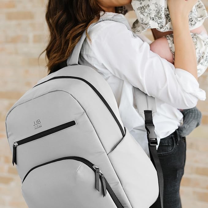 JJB by JuJuBe - New Deluxe Diaper Bag Backpack with Portable Changing Pad, Stroller Straps, Large Travel Backpack for Boy or Girl, Carrying Baby Bottles, Diapers, Pacifiers, Grey, Mother's Day Gift