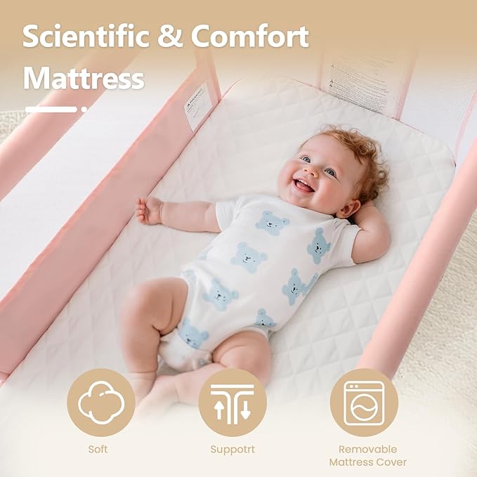 Kinder King Baby Bassinet w/Wheels, Folding Portable Newborn Bedside Sleeper, All-Sided Mesh Infant Crib, Adjustable Height, Removable Soft Mattress, No Tool to Assemble, Pink