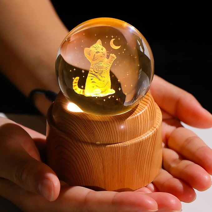 3D Cat Crystal Ball 2.36“ Engraved with Rotated Wood Base, Cat Lover Gifts for Women Girls Mothers Day Birthday Cats Decorative Globe Decor (Gifted Box)