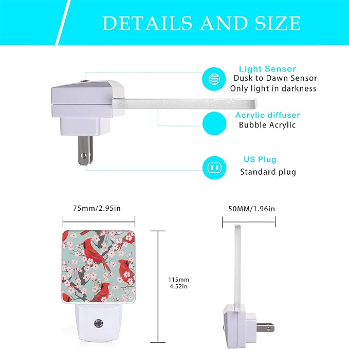 Red Cardinal Night Light,Blooming Cherry Night Lights Plug into Wall for Boys Girls, Led Lights Indoor Home Decor 0.5W Nightlight Sleep Friendly