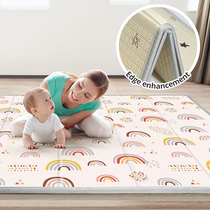 Foldable Baby Play Mat, PIGLOG 50x50 Playpen Mat, Waterproof Playmats for Babies and Toddlers Kids, Safe Foam Playmat for Tummy Time, Reversible Portable Baby Floor Mat for Infant, Colorful+Rain