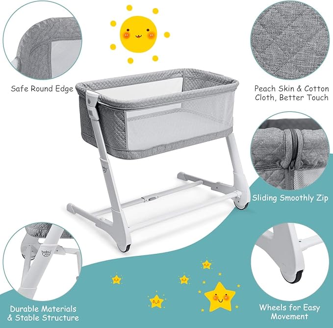 BABY JOY Baby Bassinet, Bedside Sleeper w/Wheels, Mattress & Cover, Straps, Mesh, 100lbs Weight Capacity, 8 Height Adjustable for Bed Sofa, Lightweight Bedside Bassinet for Baby Newborn Infant, Gray