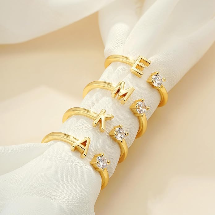 Gold Initial Rings for Women Girls, 14K Gold Plated Adjustable Initial Rings Teen Girl Gifts Trendy Stuff Letter Ring Birthday Gifts for Teenage Girls Non Tarnish