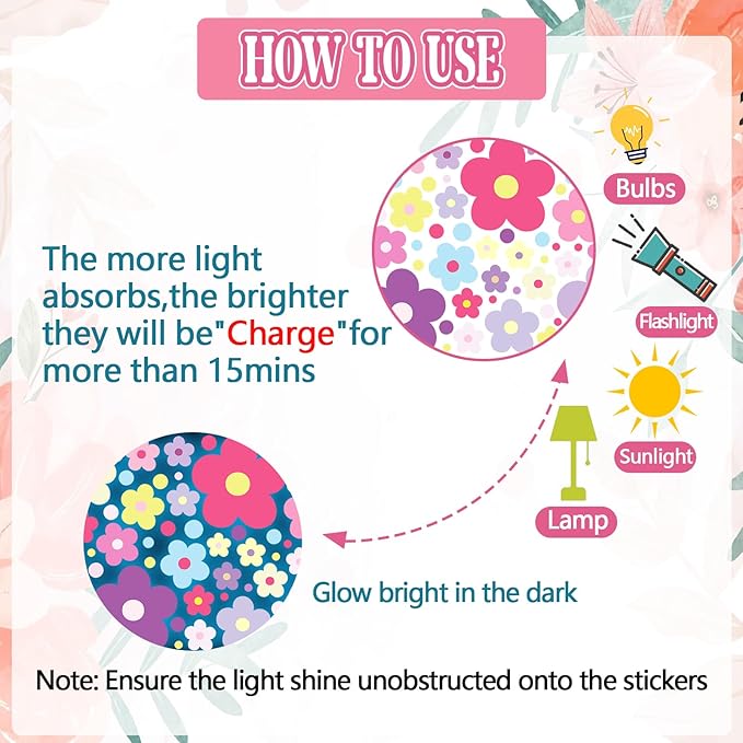 Glow in The Dark Y2k Cute Flowers Wall Decals，Glowing Luminous Colorful Floral Wall Stickers Colorful Removable self-Adhesive Preppy Hippie Stickers for Girls Bedroom (Lovely Color)