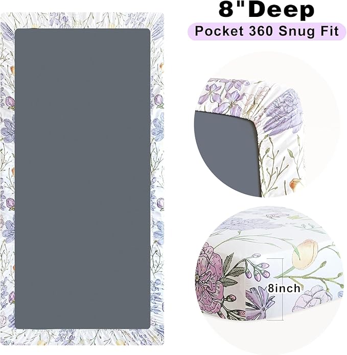 AMROSE 3 Pack Soft Floral Crib Sheets for Baby Girls, 28'' X 52'' Fitted Crib Sheets for Crib and Toddler Mattress Pad, Silk Touch Gentle Breathable Microfiber, Violet