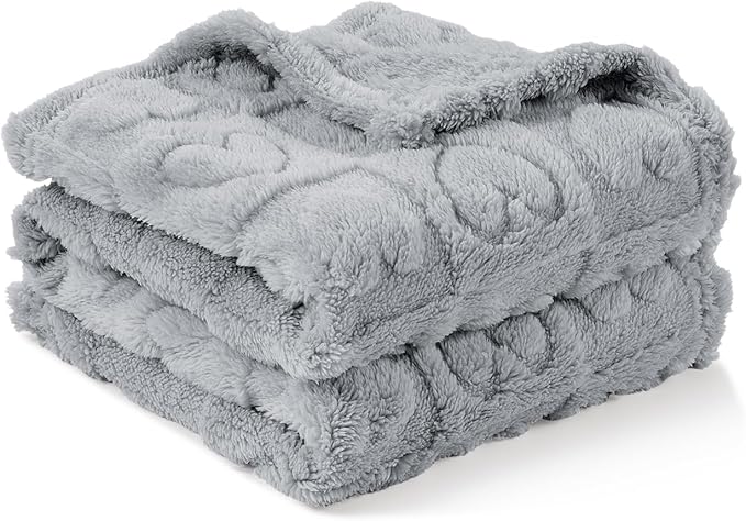 CREVENT 30"X40" Cozy Soft Warm Sherpa Baby Blanket for Girls Boys, Newborn Essentials for Infant, Baby Shower Receiving Gift - Grey Heart 75X100cm + Gift Bag with Ribbon