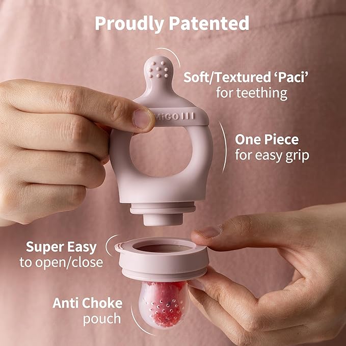 SAMiGO Baby Food Fruit Feeder and Breastmilk Popsicle Mold Set, Silicone Fruit Teether, Food Feeder Pacifier for Teething Relief, Freezer Tray, Baby Feeding Essentials, 4 Months+