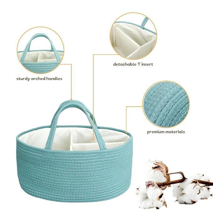Baby Diaper Caddy Organizer, Large Cotton Rope Nursery Diaper Basket, Changing Table Organizer, Portable Tote Bag with Divider, Car Storage, Baby Shower Gifts for Newborn Girls - Lake Blue