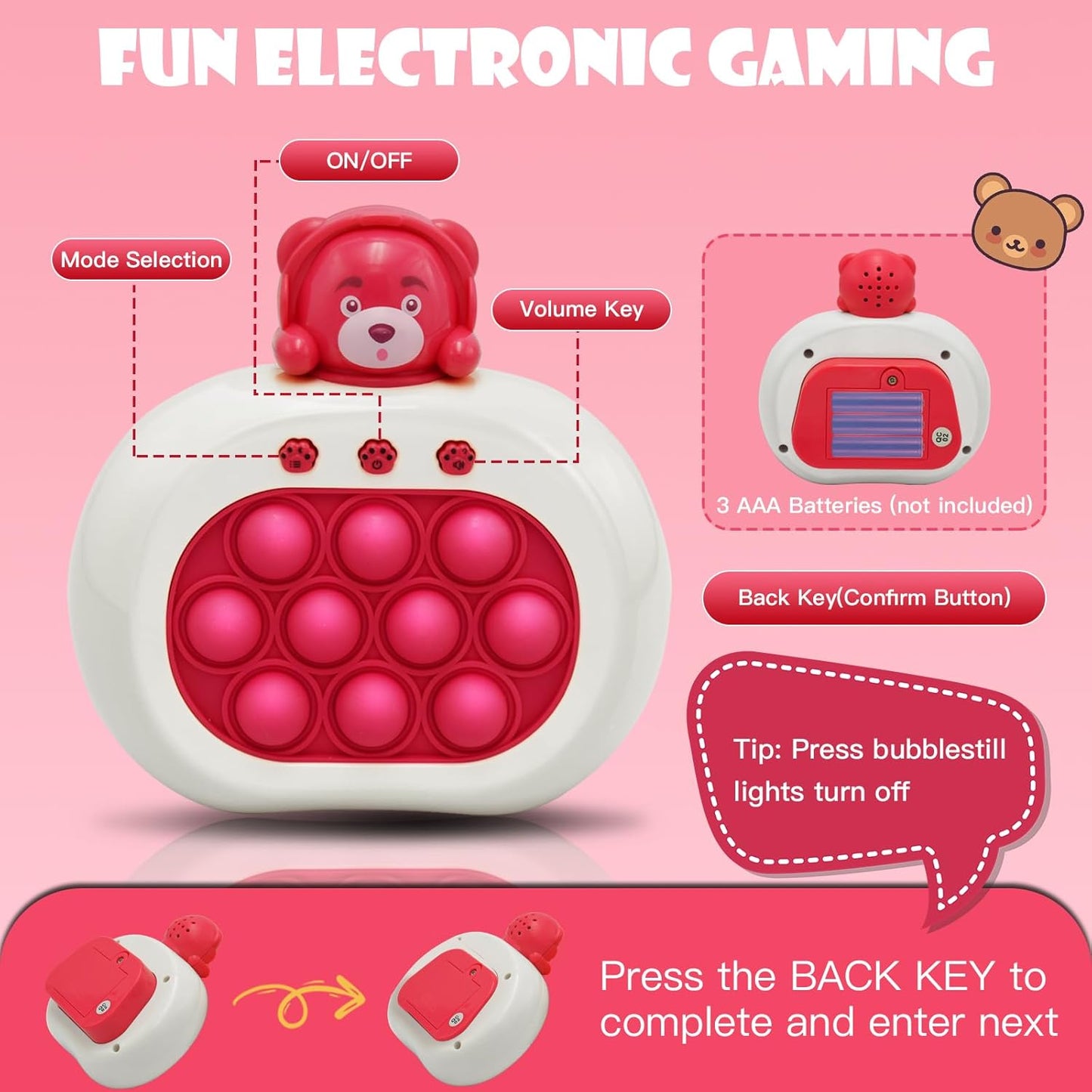 Fast Push Bubble Toys, Handheld Pop Fidget It Kids Games, Light up Puzzle Speed Push Game,Autism Sensory Toys,Pattern-Popping Game,Handheld Board Console Cool Pocket Game for 3+ Kids- RED