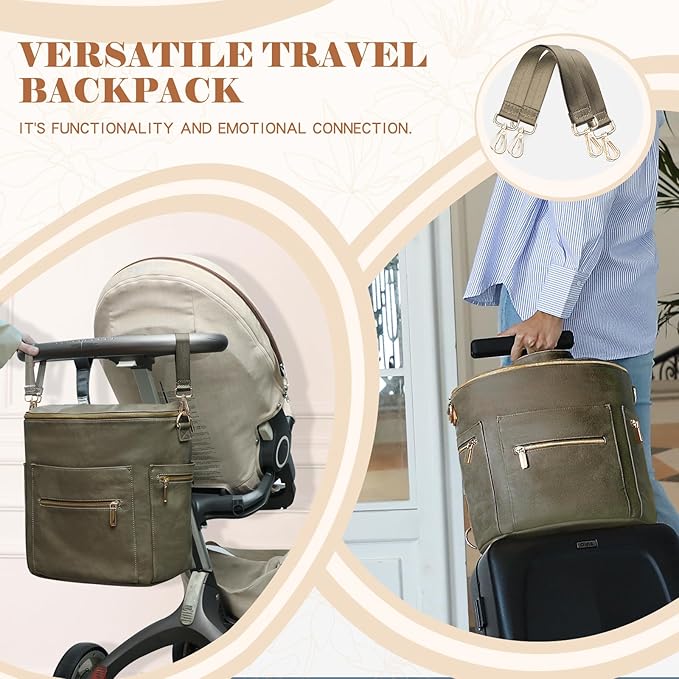 miss fong Diaper Bag Backpack Baby Diaper Bag, Large Leather Diaper Backpack with 16 Pockets Travel Diaper Bag with Diaper Changing Pad, Stroller Straps & 2 Insulated Pockets (Convertible, Forest)