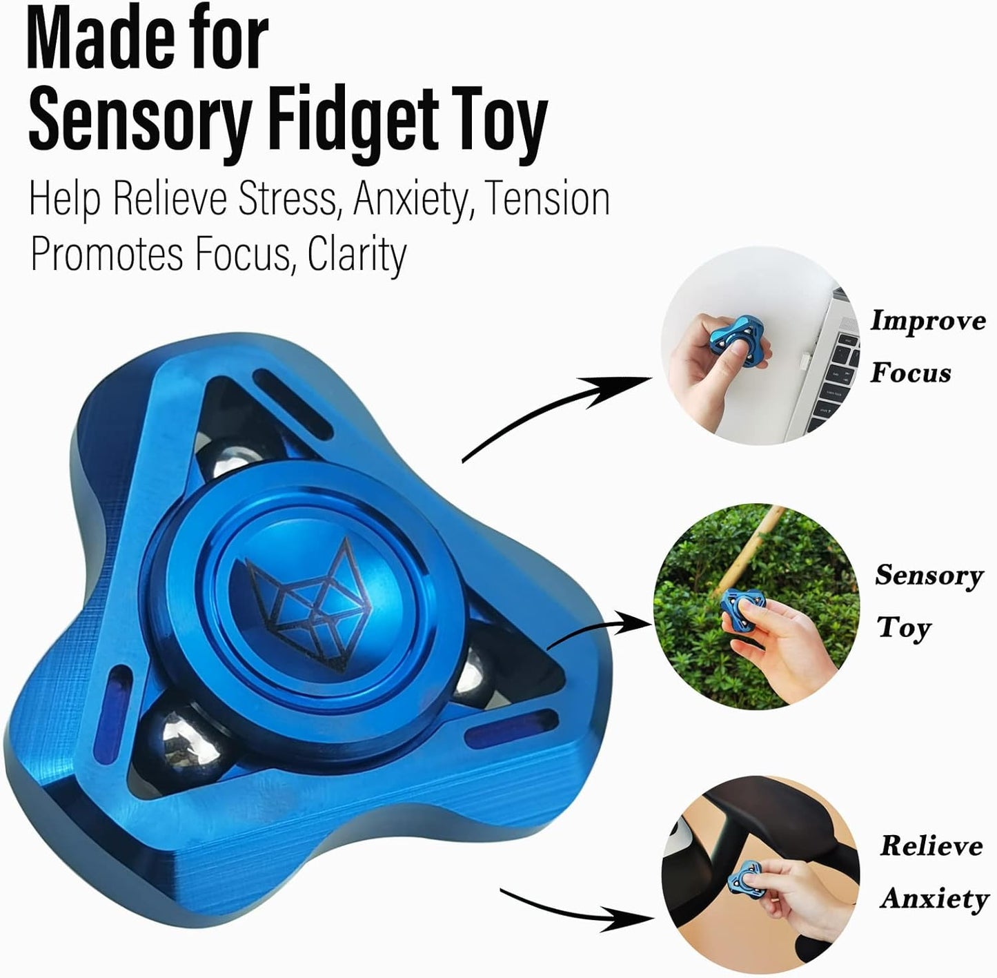 FREELOVE Upgraded Fox Metal Fidget Spinner for Adults, Steel/Glow Balls Clicking Noise, Mini Small Tiny Pocket Tri Finger Gyro, Long Spinning Premium Bearing Toy, Stainless Steel CNC, Blue