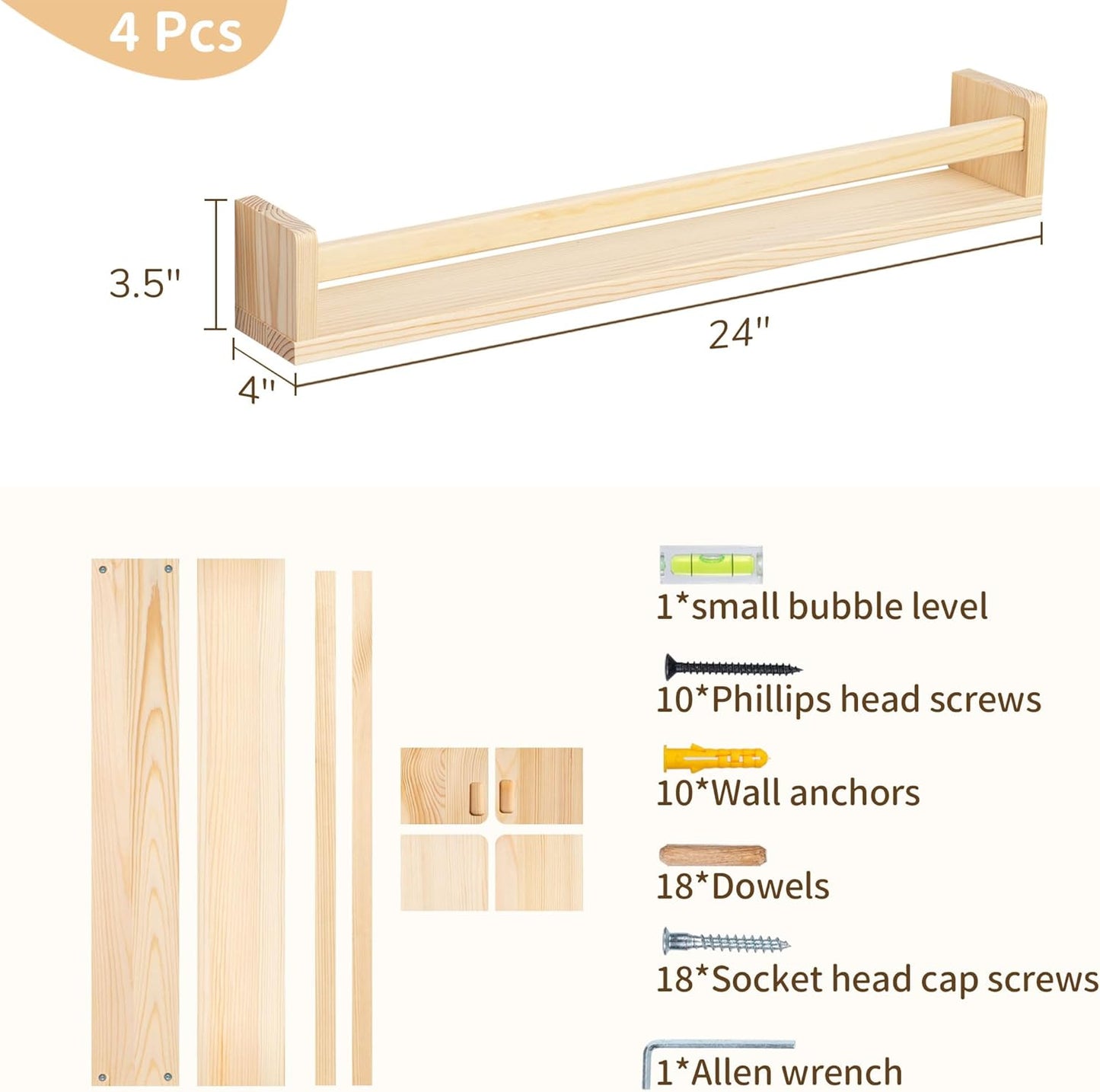 Fun Memories Nursery Book Shelves - Rustic Natural Solid Wood Floating Bookshelf for Kids - Wall Book Shelves for Kids Room (Natural, 24inch - 4P)