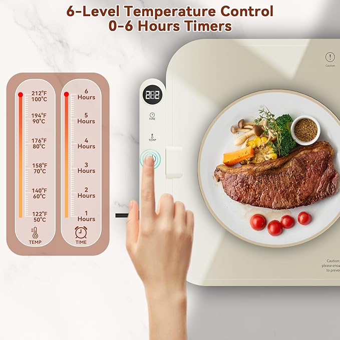 Upgrade Graphene Food Warming Mat for Countertop, Gifts for Mom Wife, Waterproof Electric Warming Tray with 6 Temp Modes for Parties Buffets (Beige)