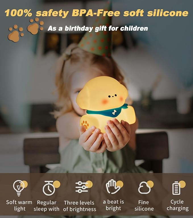 HAPPYBAG Dog Lamp, Cute Puppy Night Light for Kids, Dimmable Nursery Puppy Lamps, Silicone Fruit Bedside Lamp for Baby and Toddler