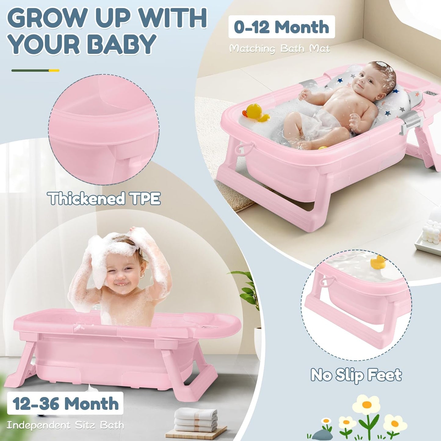 Collapsible Baby Bathtub,Baby Bath Tub with Thermometer & Soft Cushion,Baby Bathtub for Newborn to Toddler 0-36 Months,Portable Travel Baby Tub with No-Slip Feet,Baby Shower Gifts,Pure Pink