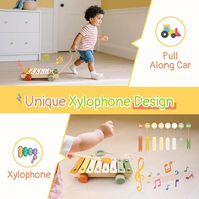 7pcs Musical Instruments Set - 18M+ Montessori Toys 2 3 4 Neutral Colors Wooden Toys for Toddlers 3-5 Percussion Instruments Modern Boho Xylophone Sensory Gifts Boys Girls