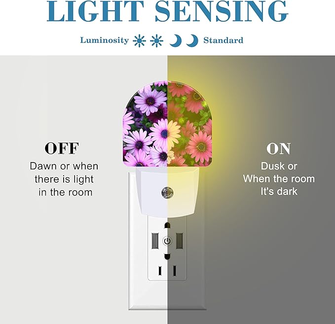 Beautiful Purple and Pink Flowers Night Light Plug into Wall with Dusk to Dawn Sensor Cute Nightlight for Kid Girls Boys Women Men Room Decor, Hallway, Kitchen, Bathroom, Nursery, Stairs
