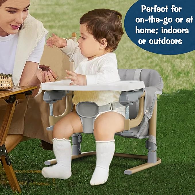 Baby Booster Seat for Table, Toddler Hook On High Chair with Tray, Adjustable Height Foldable Baby Feeding Chair with Carry Bag, for Kitchen Home Travel, Gray