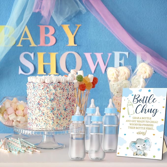 TrelaCo Blue Elephant Cool Baby Shower Games Bottle Chug Sign Wooden Elephant Theme Gift Sets Gender Reveal Party Favors and 12 Pcs Baby Bottle Shower Favor for Games Gender Reveal