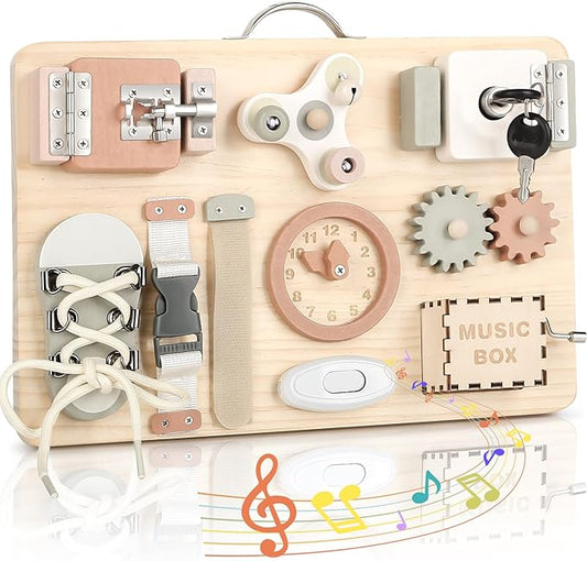 Joyreal Montessori Busy Board for Toddlers - Wooden Sensory Board Activity Board for Fine Motor Skills, Travel Baby Busy Board Sensory Toys for Kids