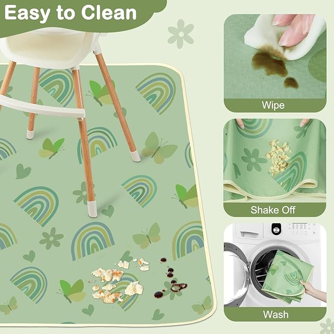 Splat Mat for Under High Chair 42 x 42 Inch Waterproof Baby Splash Mat with Non Slip Bottom Reusable Portable Highchair Mat for Floor Food Catcher for High Chair, Green Rainbow