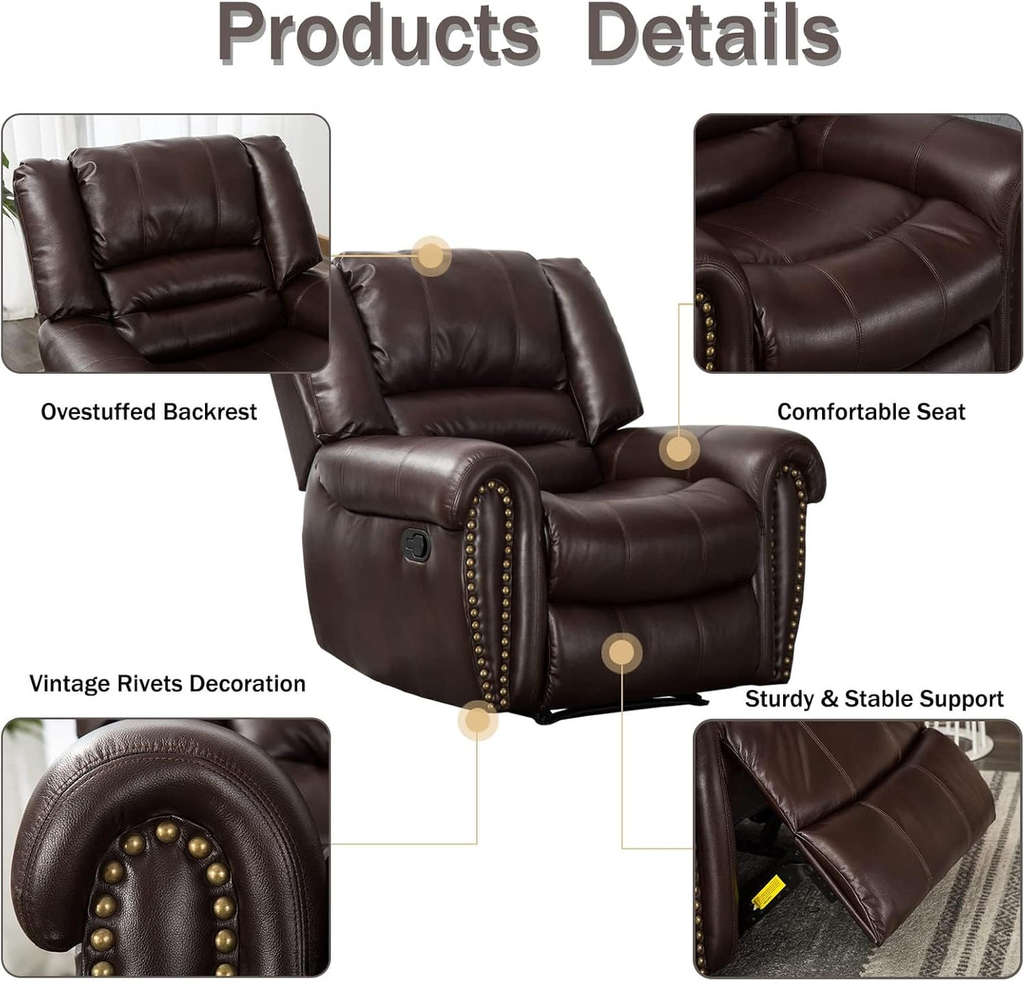 CANMOV Leather Recliner Chair Set of 2, Classic and Traditional Manual Recliner Chair with Comfortable Arms and Back,Manual Single Recliner Sofa for Living Room, Brown