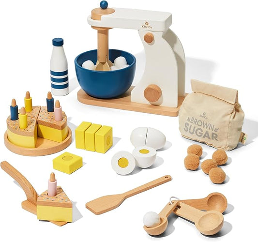 Bake-a-Cake Stand Mixer | KiwiCo Play Kitchen | Kids Baking Set Ages 3+ | Learn Early Math with Wooden Kitchen Play Set | Includes Ingredients, Stand Mixer, Measuring Spoons, Recipe Cards and More