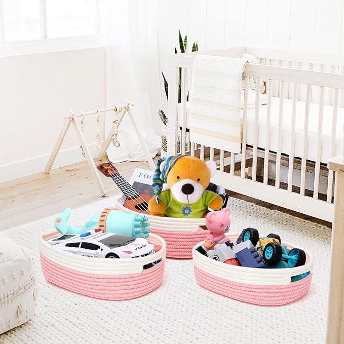 7 Piece Cotton Rope Woven Basket Set - Small Basket for Baby Nursery, Pets, Montessori, Dog & Cat Toy Boxes, Bathroom Organization Bins (White/Pink)