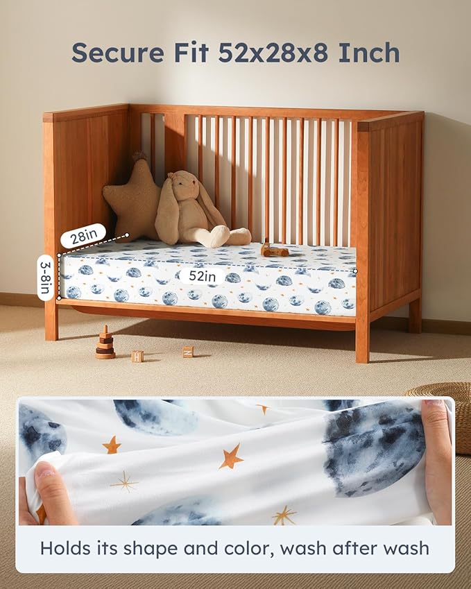 Baby Crib Sheets for Boys Girls, 28x52x8in Fitted Crib Sheet Neutral 3 Pack for Standard Crib and Toddler Mattress, Breathable Soft Microfiber Baby Sheet Grey & Blue Moon