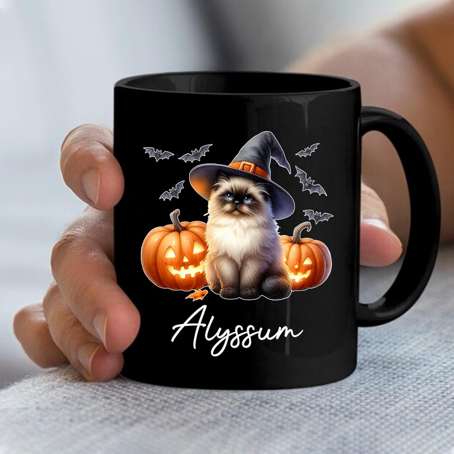 Customized Himalayan Wearing Witch Hat Mug with Name, Personalized Halloween Himalayan Ceramic Mug 11oz 15oz, Cat Pumpkins Black Coffee Cup, Halloween Cup Gift for Pet Lover Family Friend