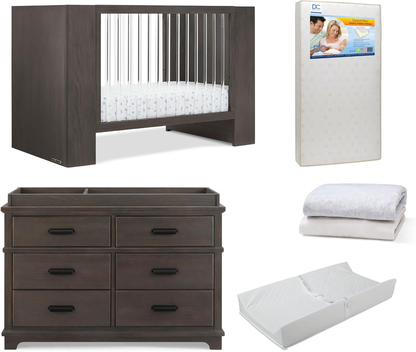 Delta Children Aerin Crib 6-Piece Baby Nursery Furniture Set–Includes: Convertible Crib, 6 Drawer Dresser, Changing Top, Crib Mattress, Sheets & Changing Pad, Rustic Grey
