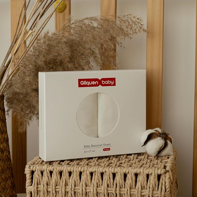 Gllquen Baby Bassinet Sheets 2 Pack, 100% Organic Cotton Bassinet Fitted Sheets for Girls Boys, Soft & Breathable Unisex Baby Mattress Sheet for Standard Bassinets 33"x17"(White)