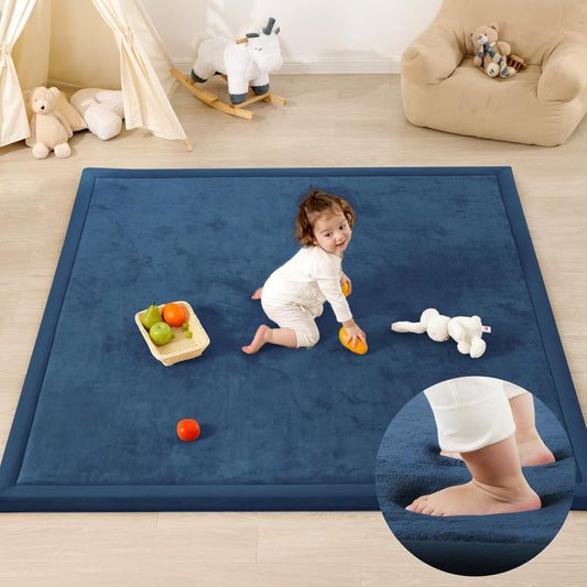 1.3" Thick Baby Play Mat,Ultra Soft Elasti-Foam 50×50 Playpen Mat for Tummy Time,Water-Repellent Coral Fleece Nursery Rug for Infants,Toddlers,Kids,Non-Slip Safe for Crawling(Royal Blue)