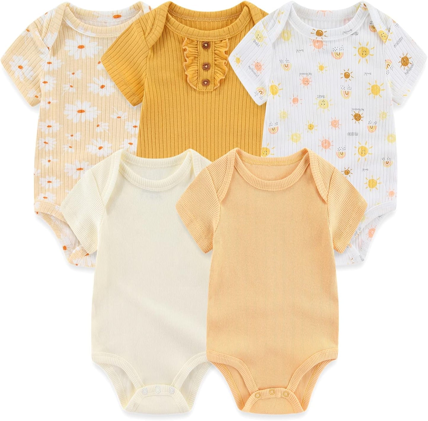 Newborn Baby Short Sleeve Bodysuit Cotton One-Piece Baby Clothes 5-Pack, 0-12 Months