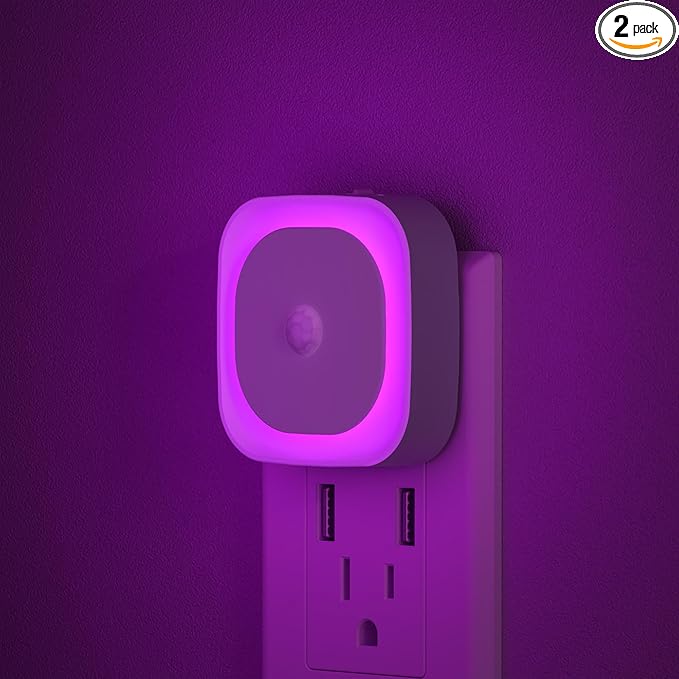 2 Pack Plug in Night Light with Motion Sensor & Dusk to Dawn Sensor, 3 Sensor Modes, Purple Night Lights Plug into Wall, Dimmable Calming Glow for Meditation, Relaxation, Bathroom, Bedroom