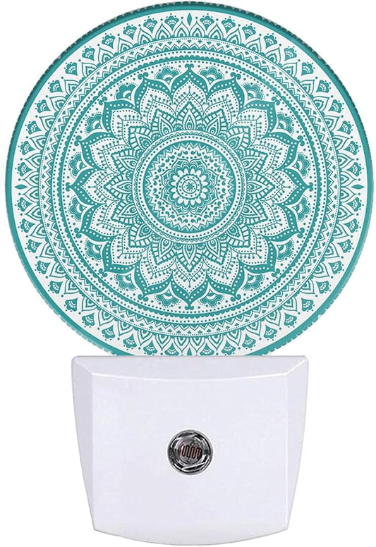 EKOBLA Mandala Night Lights Plug into Wall Teal Green Floral Mandala Flowers Night Light Dusk to Dawn Sensor Led Lamp for Boys Girls Grandma Grandpa