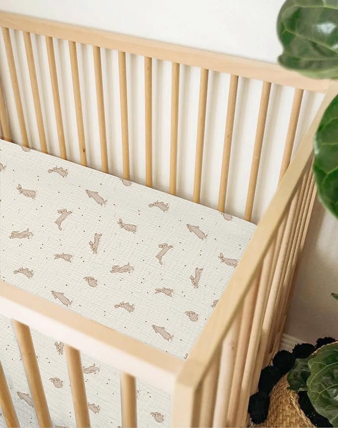 Pack and Play Sheets for Baby Boy and Girl 2 Pack, Neutral Muslin Cotton Pack N Play Mattresses Sheet 27"x39", Muslin Nursery Bedding Soft and Breathable Comfort (Hopping Bunnies & Beige)