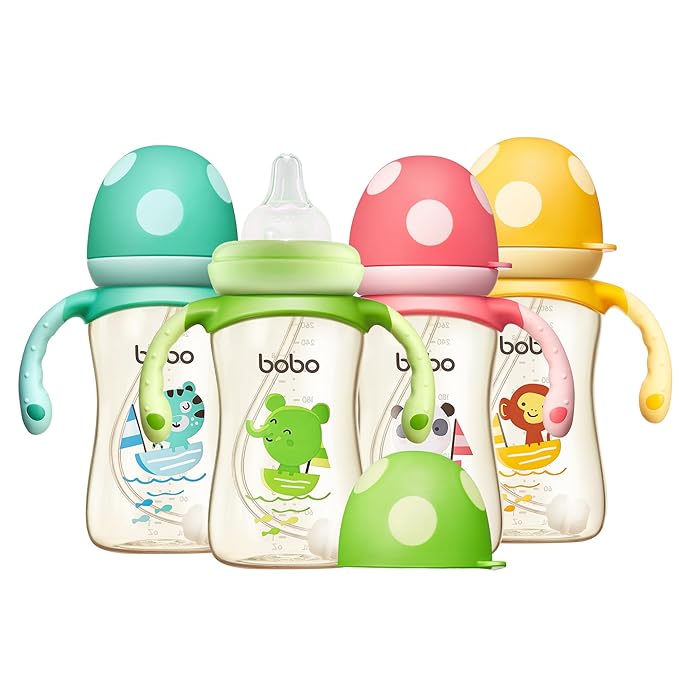 YOHKOH Natural PPSU Baby Bottle with Natural Response Nipple, Newborn Anti-Colic Baby Bottles with Handle, Wide Neck Mushroom Cap Baby Bottle (8.8oz (Pack of 4), Multicolour)