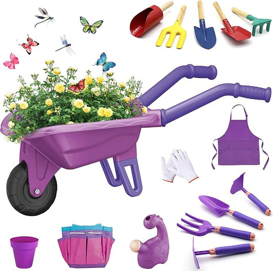 15 PCS Kids Gardening Tool Set for Girls Boys, Toddler Gardening Tools Set with Wheelbarrow, Flower Pot, Storage Bag, Rake, Fork, Shovel, Apron, Outdoor Garden Tool Play Set for Kids