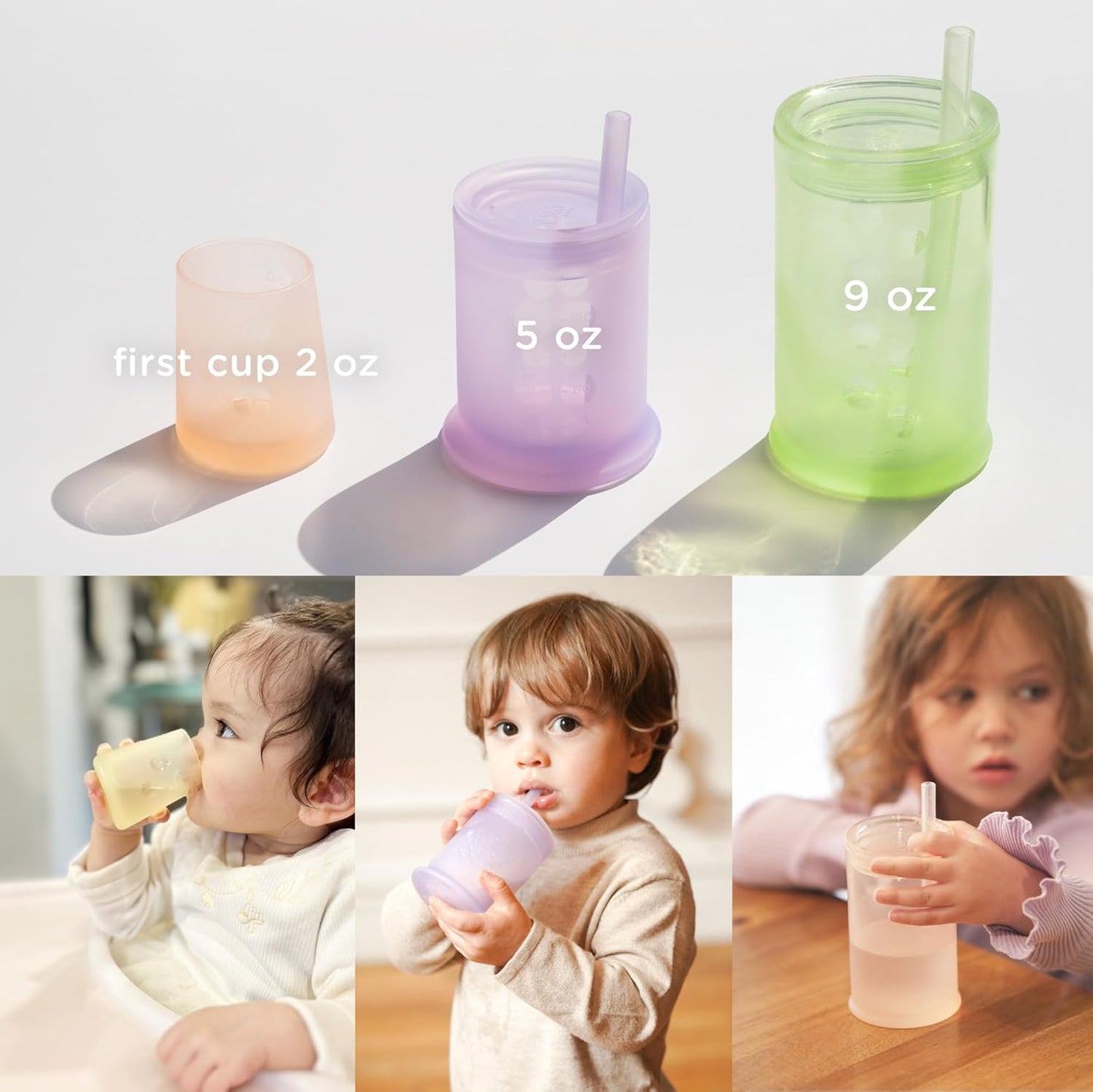 Olababy First Cup | Clear Sense 100% Silicone Infant Trainer Cup | 2oz Medicine Cup for Newborn | Non-Slip & Sloping Design for Tiny Hands & Baby Led Weaning (Lemon/Kiwi, 2 Cups)