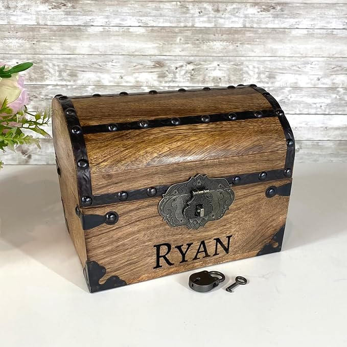 Nautical Cove Personalized Wood Treasure Chest - Pirate Chest with Custom Engraving (Small 8x6x6) – Decorative Storage Chest, Treasure Box, Wooden Keepsake Box