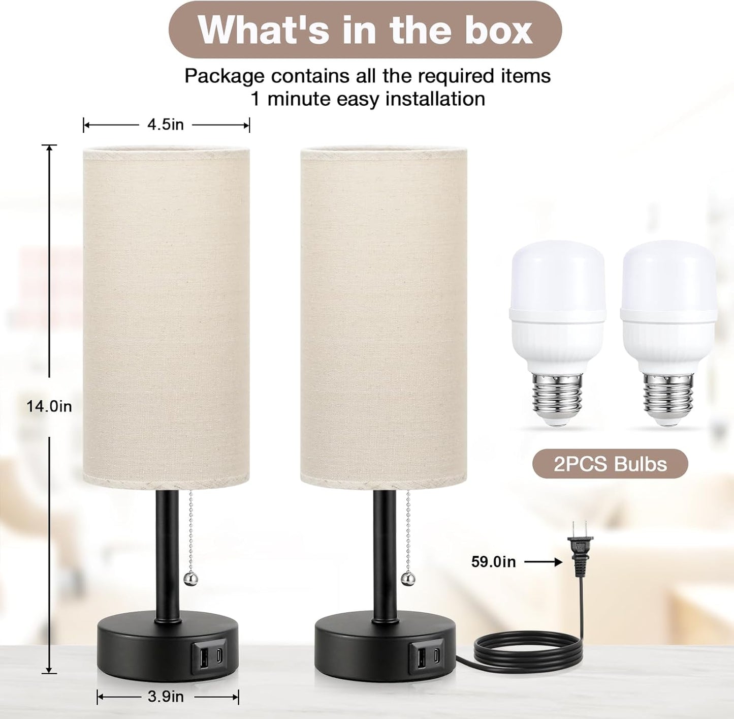 Bedside Lamps for Bedroom Set of 2 - Nightstand Table Lamp with USB A + C Charging Port, 3 Color Temperatures Pull Chain Night Stand Light, Side Table Desk Reading Lamp for Living Room/Dorm Room