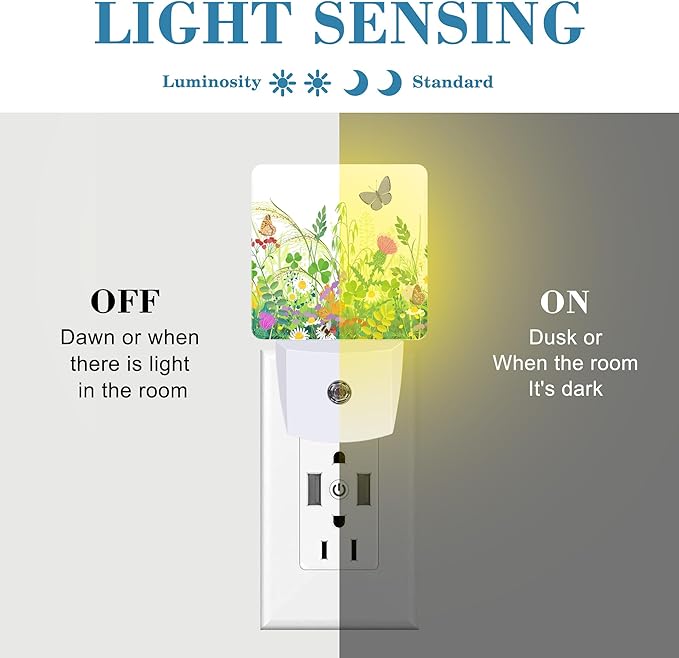 Summer Meadow Plants and Insects Night Light Plug into Wall with Dusk to Dawn Sensor Cute Nightlight for Kid Girls Boys Women Men Room Decor, Hallway, Kitchen, Bathroom, Nursery, Stairs
