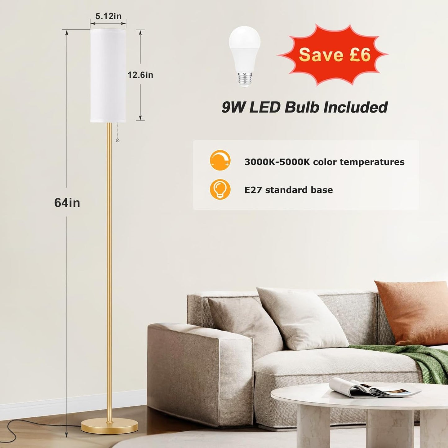 Ambimall Floor Lamp with 3 Color Temperatures Bulb, 64" Standing lamp with Linen lampshade for Bedroom, Minimalist Pole Lamp, White Shade & Gold Pole