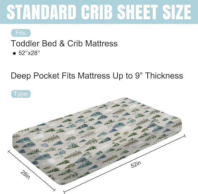 Boho Green Trees Baby Crib Sheet 52''x28'' Retro Pine Trees Stretchy Fitted Crib Mattress Cover for Boy Girl Winter Holiday Soft Baby Bed Sheets for Standard Crib and Toddler Mattresses