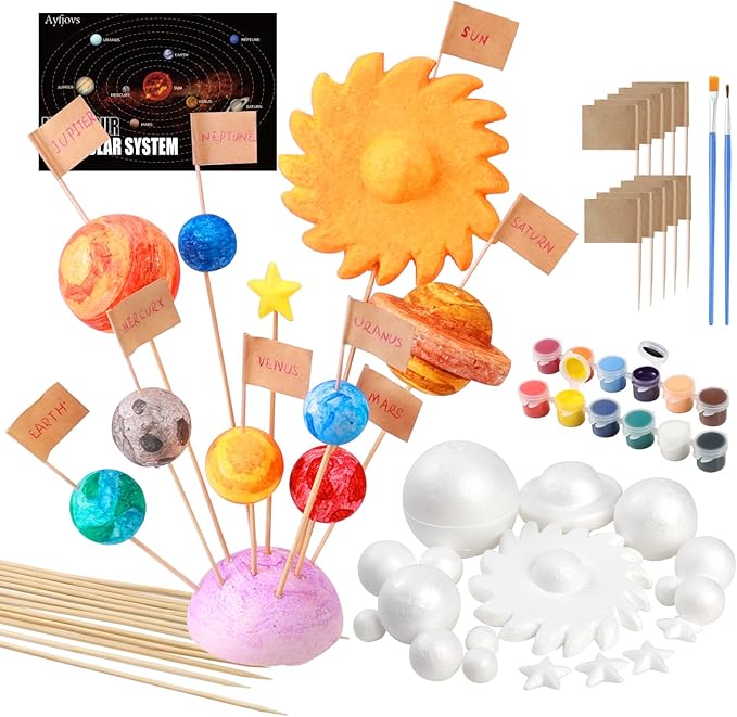 Ayfjovs 56PCS Solar System Foam Balls Crafts for Kids School Projects to Learn Planets, Includes 20pcs Mixed Sizes Polystyrene Balls, Color Pigments, Flags, Painting Brushes, Bamboo Sticks for DIY